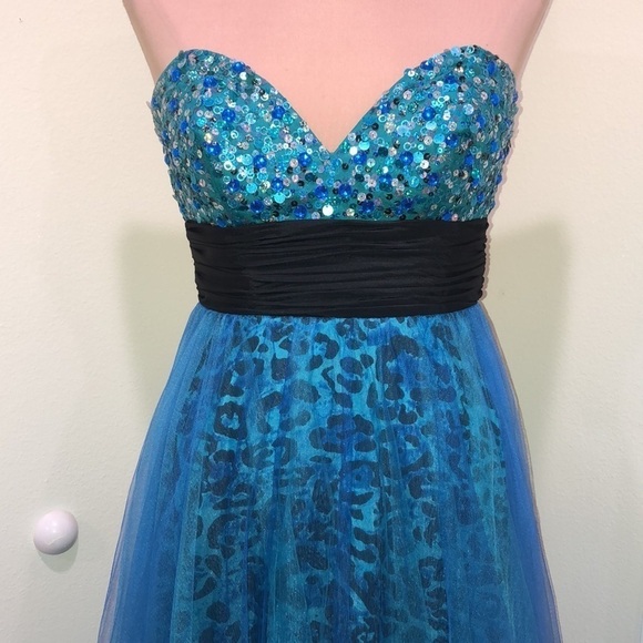 Jovani Leopard Sequin Leopard Strapless Gown Formal Dress Size 0 Y2K Blue Green - Picture 4 of 8
